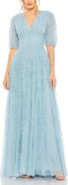 Mac Duggal V Neck Puff Sleeve Ruffle Tiered A Line Gown