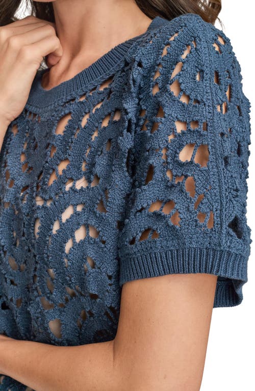 Donna Karan New York Drop Shoulder Crochet Short Sleeve Sweater In Blue