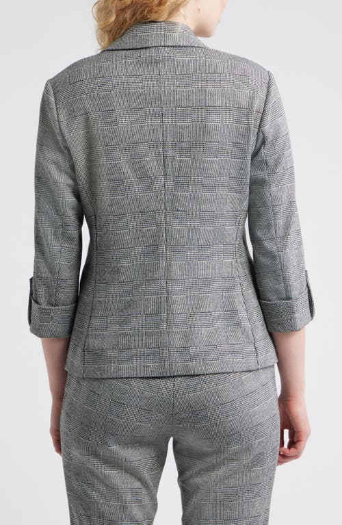 Ak Anne Klein Windowpane Plaid Roll-tab Sleeve Jacket In Gray