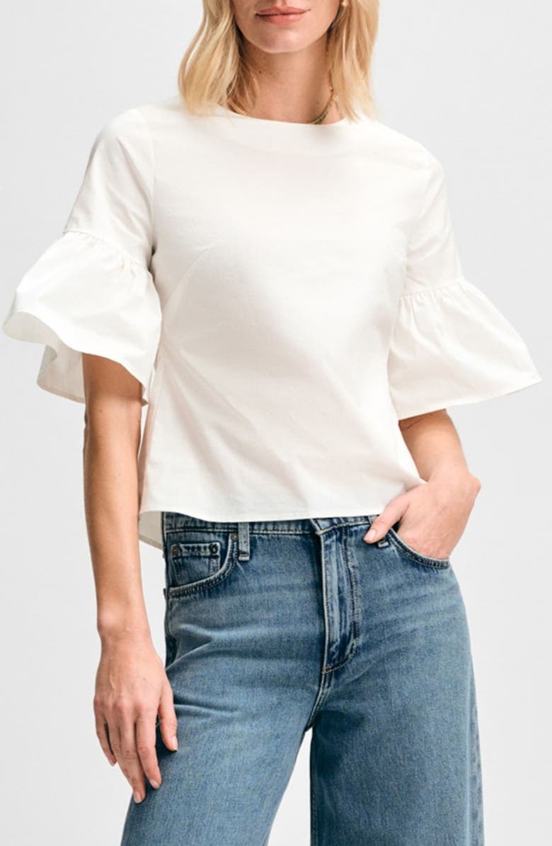 Isaac Mizrahi New York Ruffle Sleeve Back Button Top, Main, color, White