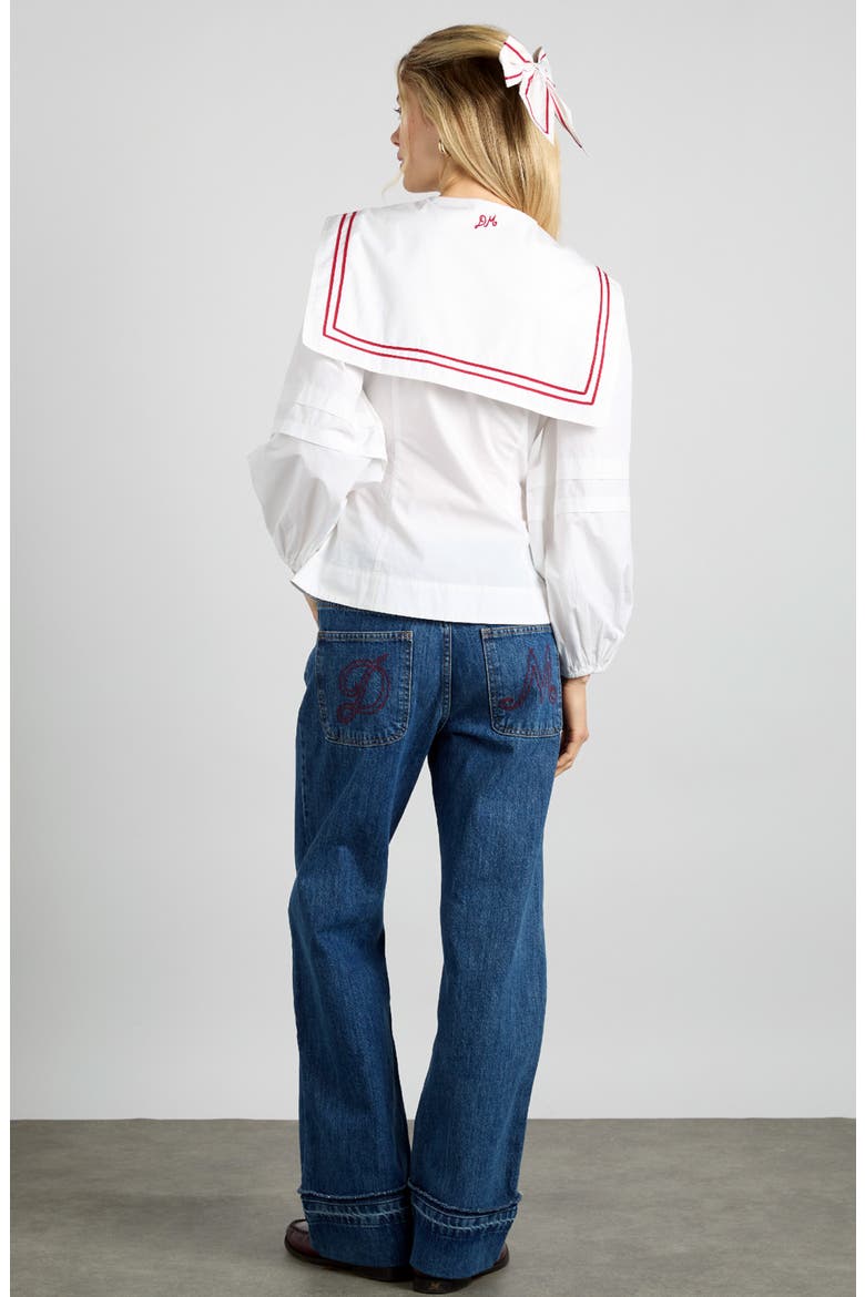 Elise Sailor Collar Long Sleeve Organic Cotton Top, Alternate, color, WHITE