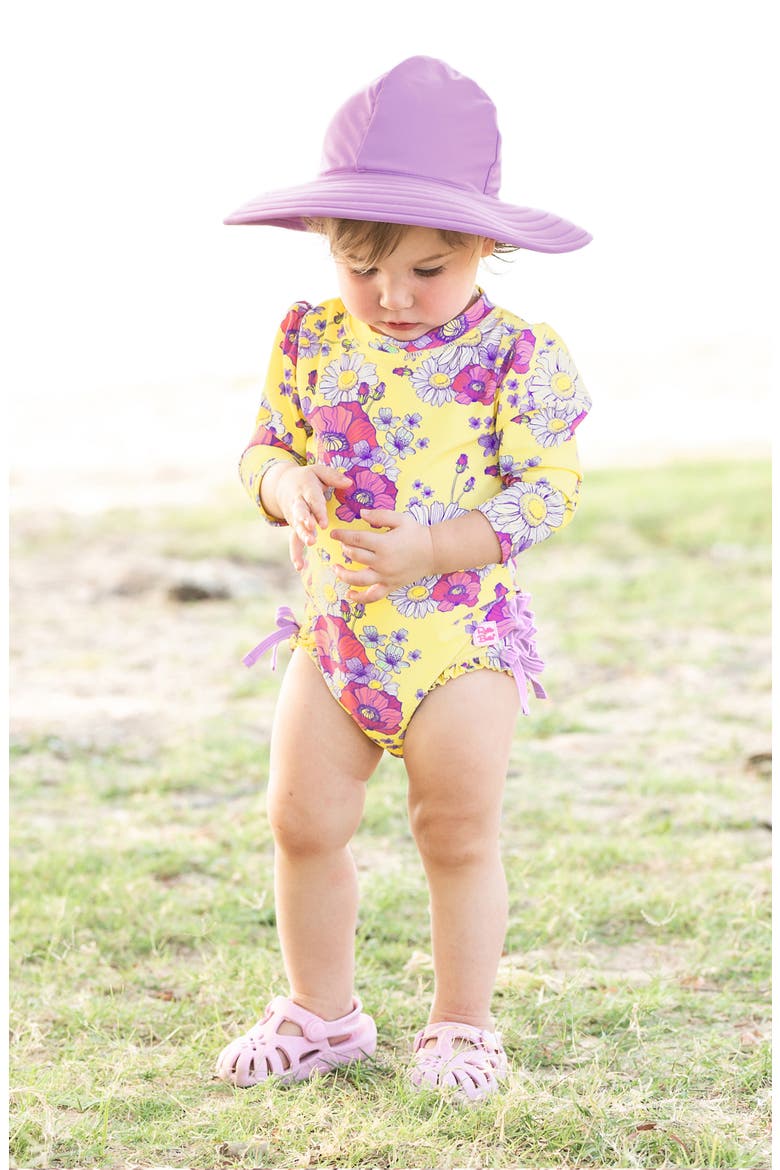 Daisy Delight One-Piece Rashguard Swimsuit & Hat Set, Alternate, color, PURPLE