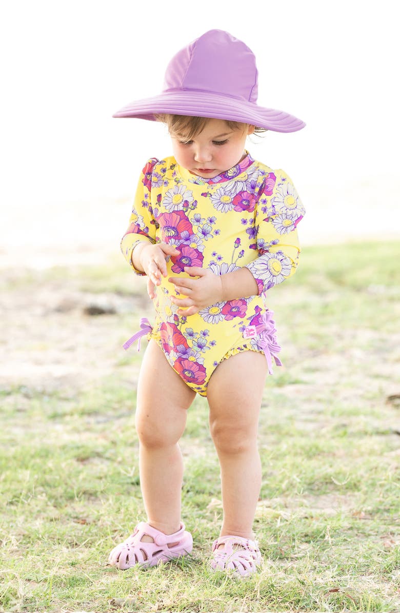 RuffleButts Daisy Delight One-Piece Rashguard Swimsuit & Hat Set, Alternate, color, 