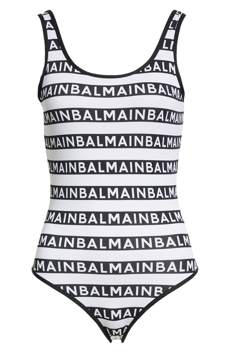 Balmain Logo Stripe One-Piece Swimsuit, Alternate, color,