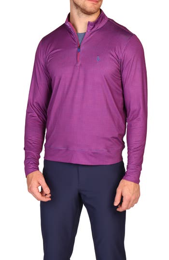 Tailorbyrd Mini Houndstooth Print Long Sleeve Performance Quarter Zip Polo In Purple