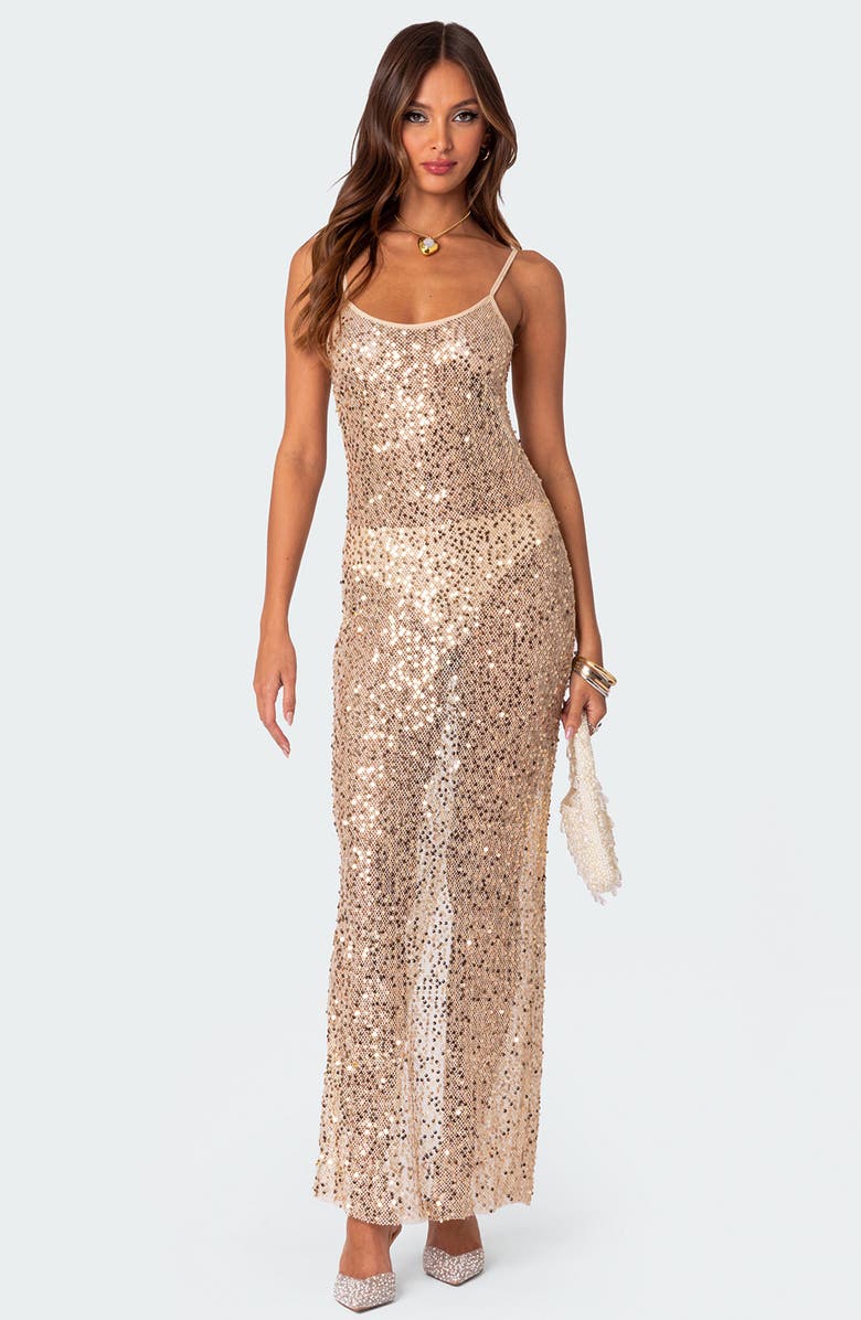 EDIKTED Sheer Mesh Sequin Maxi Dress, Alternate, color, Gold