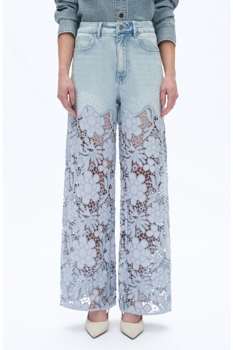 Crystal Embellished Lace Wide Leg Jeans, Main, color, LIGHT BLUE