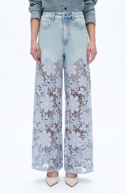 Crystal Embellished Lace Wide Leg Jeans