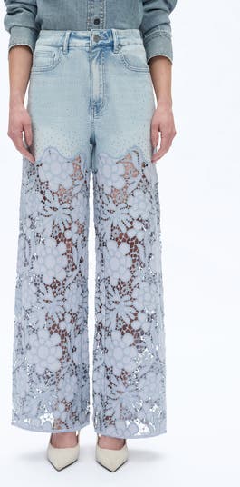 High Waist Crystal Embellished Lace Leg Jeans