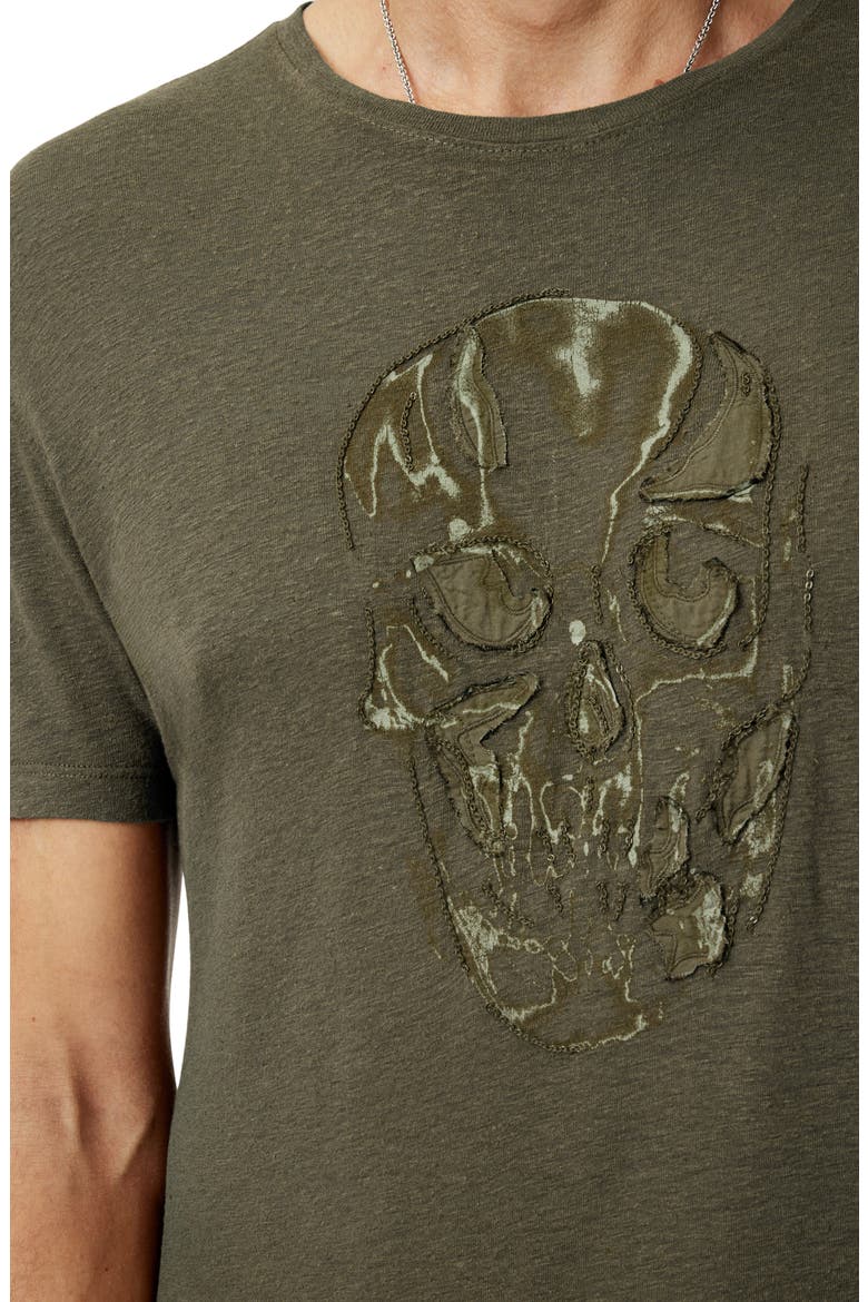 Chain Skull Appliqué Slub Linen Blend T-Shirt, Alternate, color, OLIVE LEAF