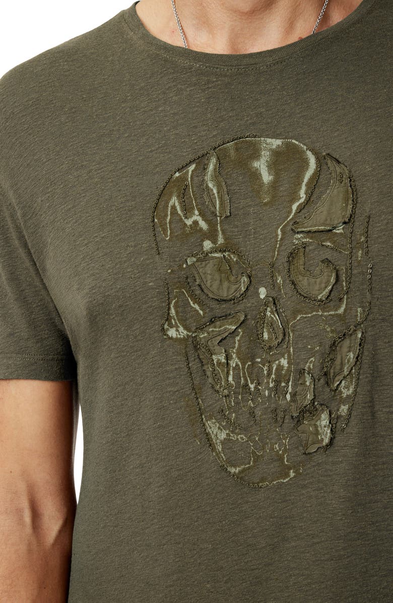 John Varvatos Chain Skull Appliqué Slub Linen Blend T-Shirt, Alternate, color, Olive Leaf