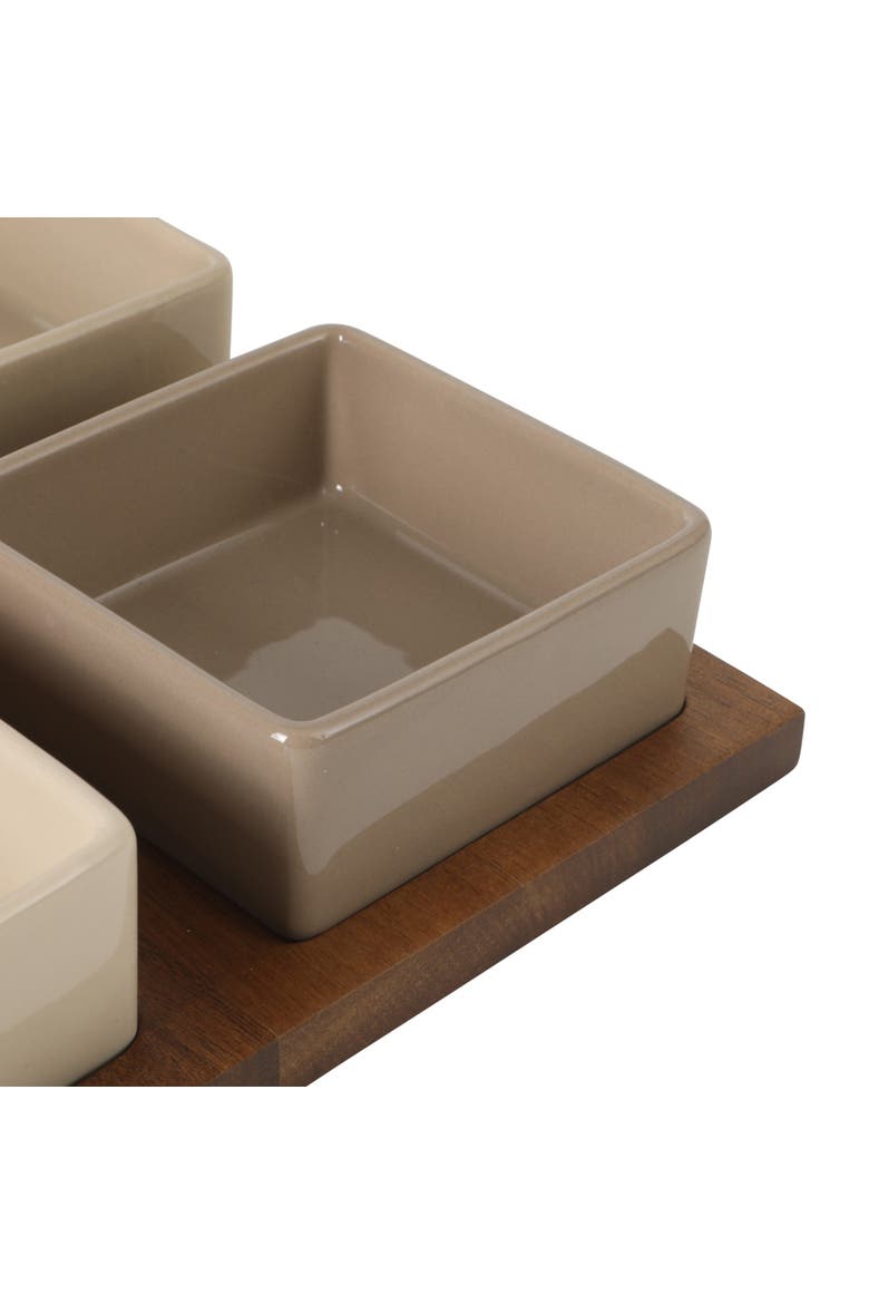 Gracious Dining 4-Piece Stoneware Tidbit, Condiment & Dip Dish Set with Acacia Wood Tray, Alternate, color, Taupe