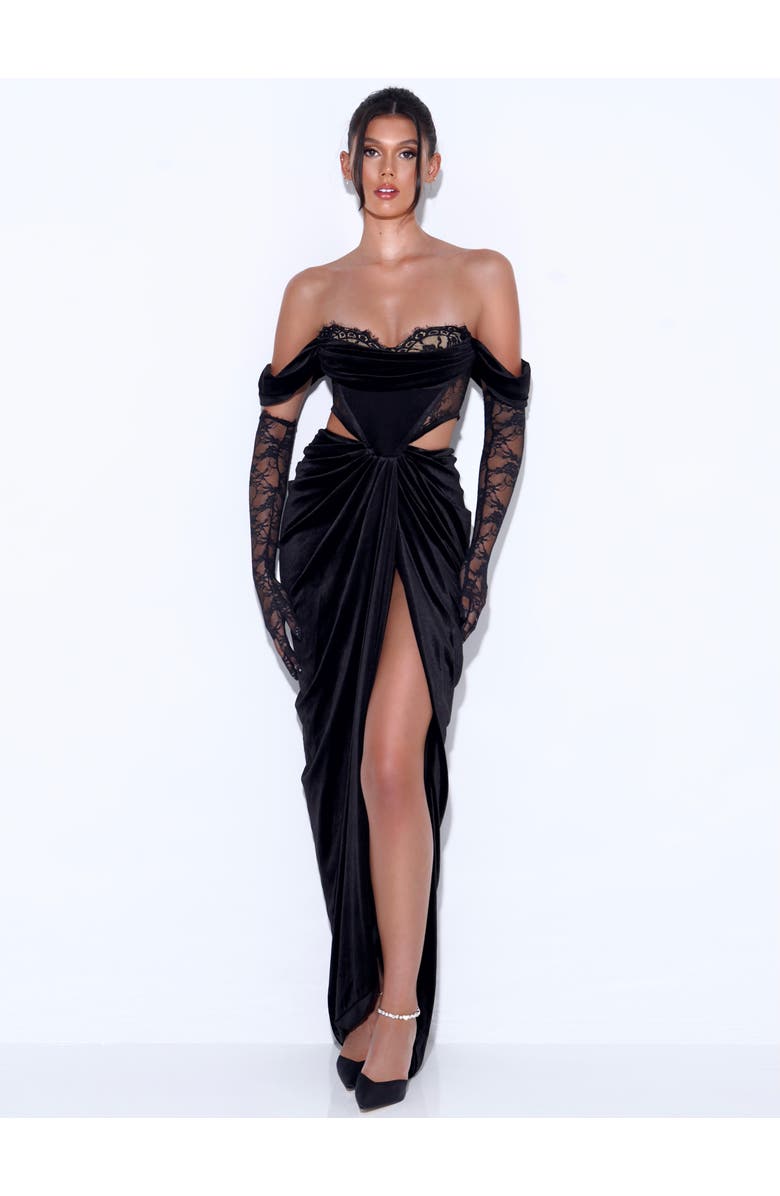 Miss Circle Quintessa Lace Velvet Corset Off Shoulder Gown, Main, color,