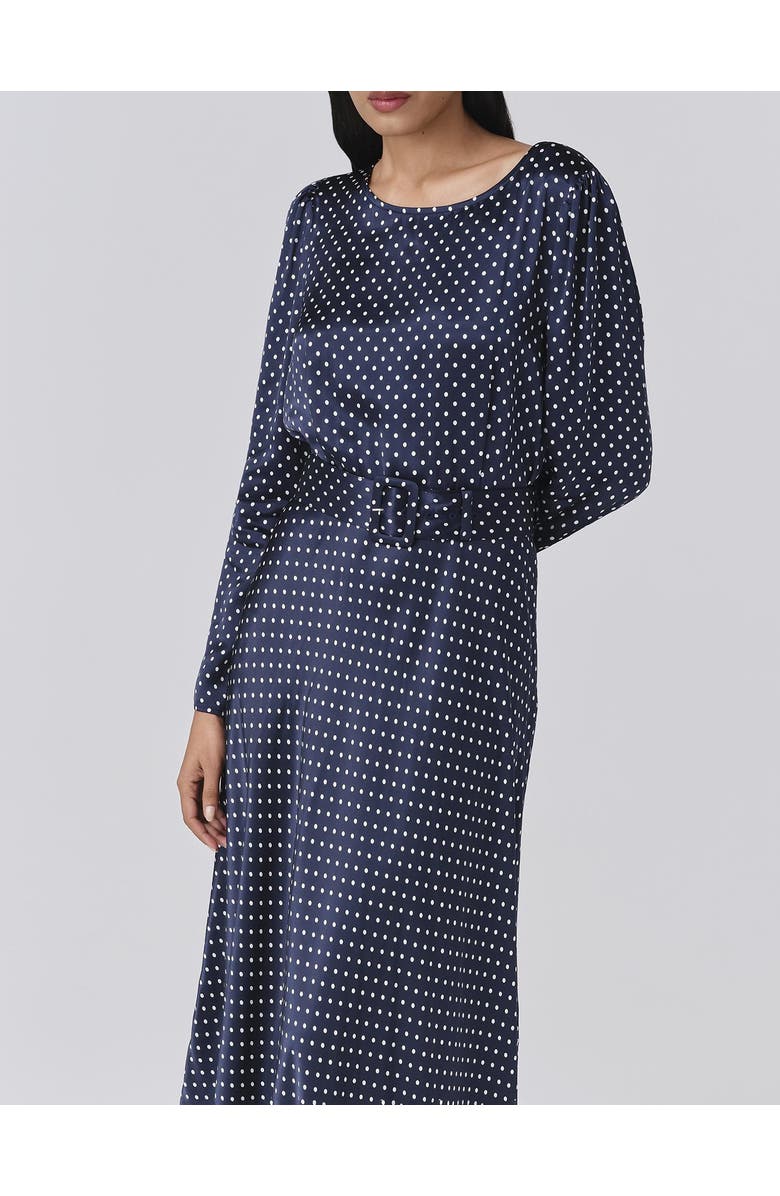Ghost London Sophia Polka Dot Belted Midi Dress, Alternate, color, Navy Spot