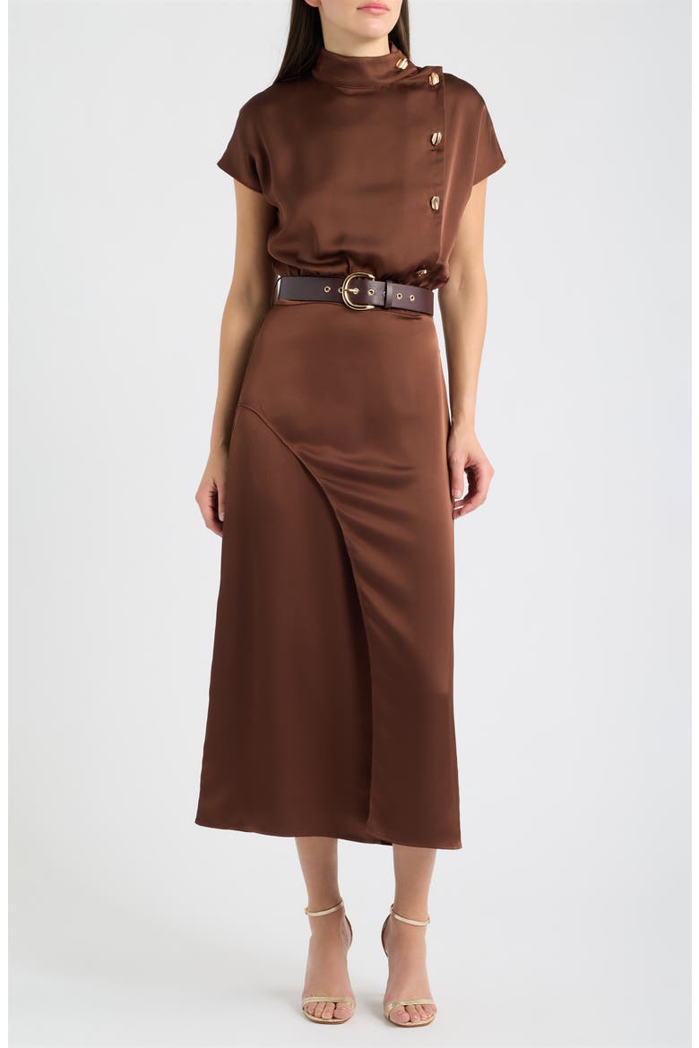 Belted Mock Neck Satin Midi Dress, Main, color, BROWN