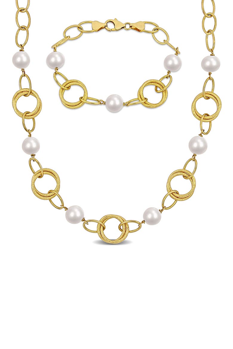 Cultured Freshwater Pearl & Circle Link Necklace & Bracelet Set, Main, color, GOLD