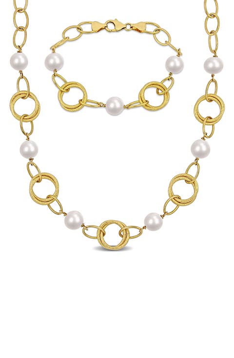 Cultured Freshwater Pearl & Circle Link Necklace & Bracelet Set