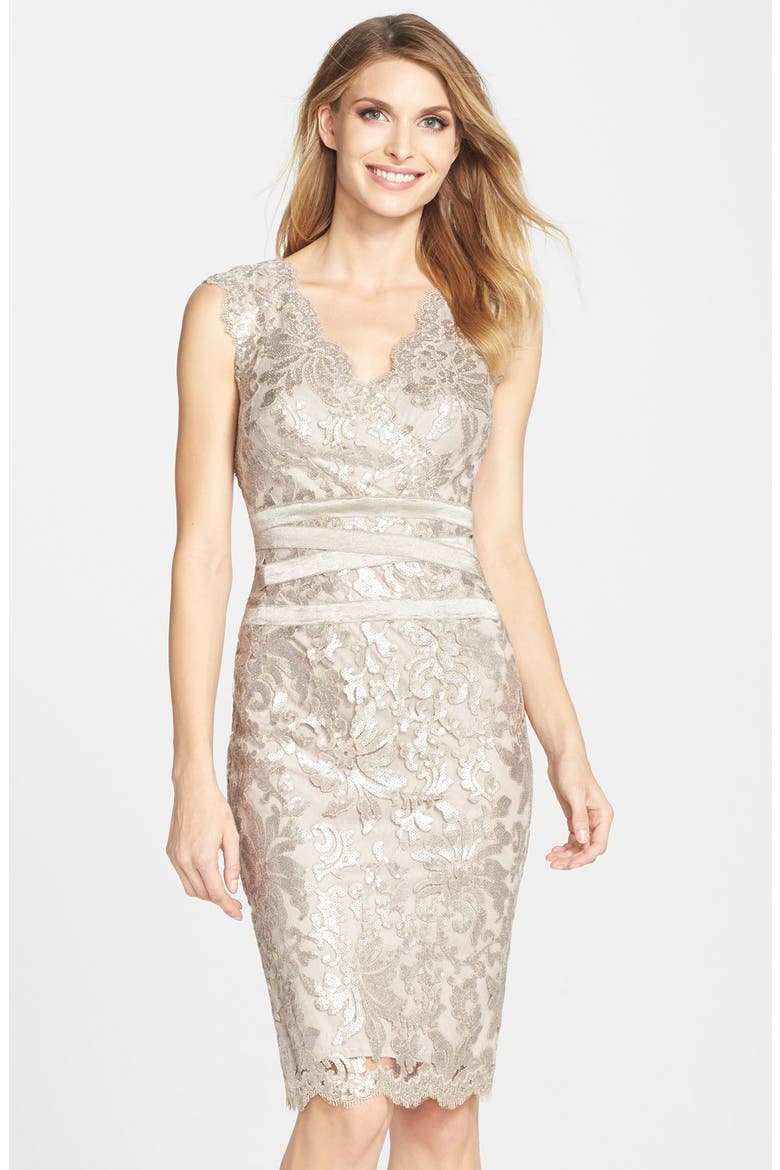Sequin Lace Sheath Dress, Main, color, SAND