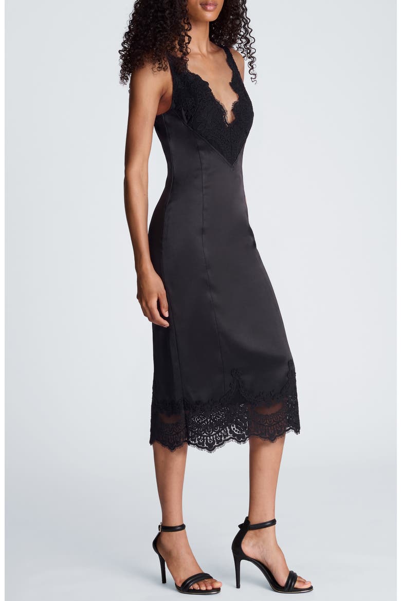 Contrast Lace Trim Satin Midi Dress, Alternate, color, BLACK