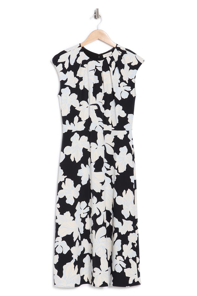 Floral Pleat Neck Cap Sleeve Midi Sheath Dress, Alternate, color, BLACK- BLUE CHLOE ABSTRACT