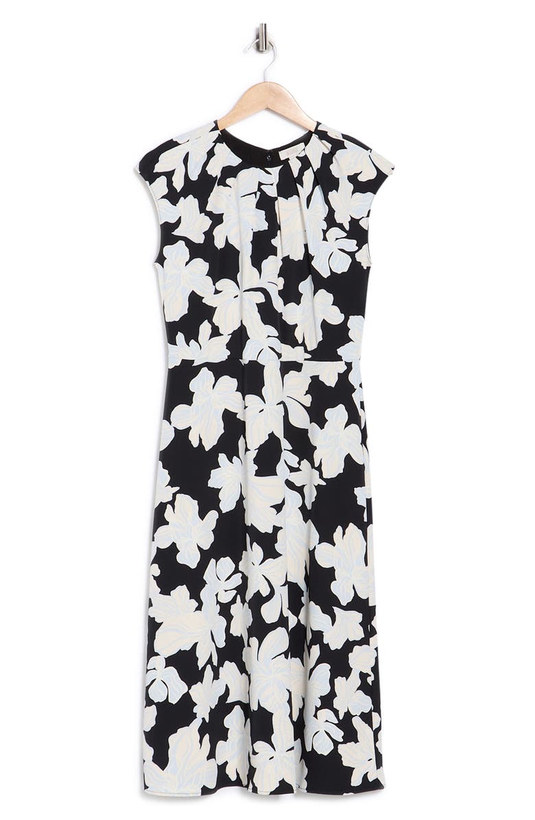 NORDSTROM RACK Floral Pleat Neck Cap Sleeve Midi Sheath Dress, Alternate, color, Black- Blue Chloe Abstract