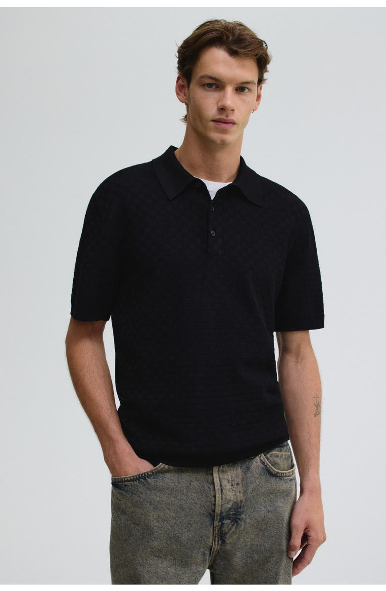 H&M Slim Fit Textured-knit Polo Shirt, Alternate, color, Black