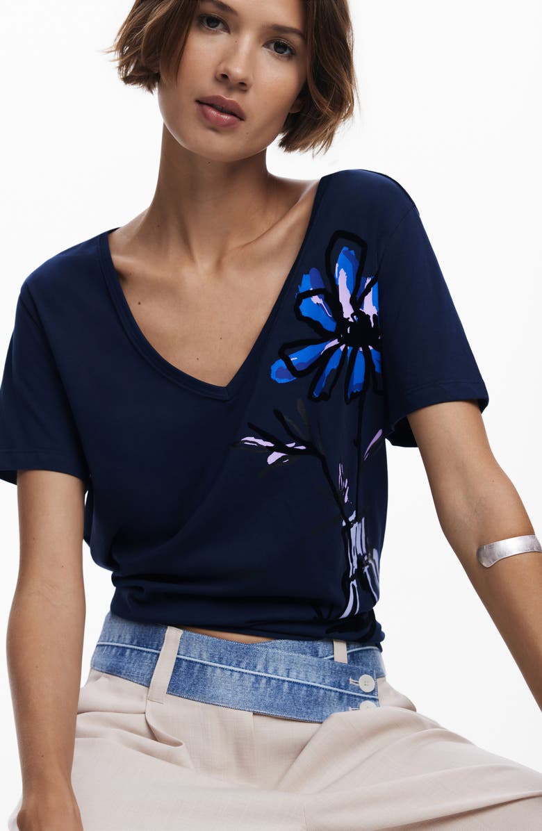 Desigual Floral V-Neck Cotton Graphic T-Shirt, Alternate, color, Dark Blue