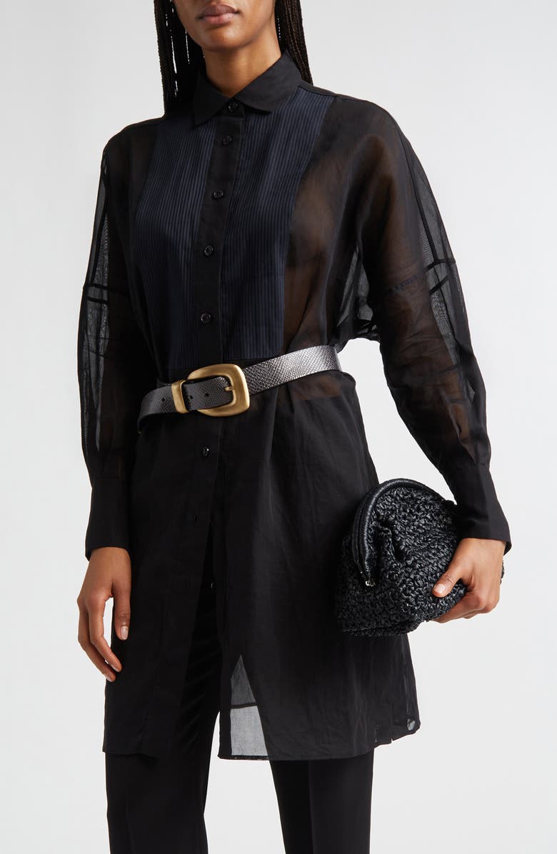 Eleventy Tunic Cotton Gauze Button-Up Tuxedo Shirt, Main, color, 22 Black