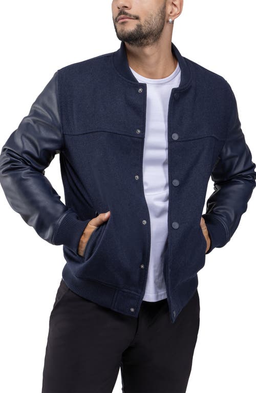 X-ray Xray Mixed Media Faux Leather Bomber Jacket In Navy/navy