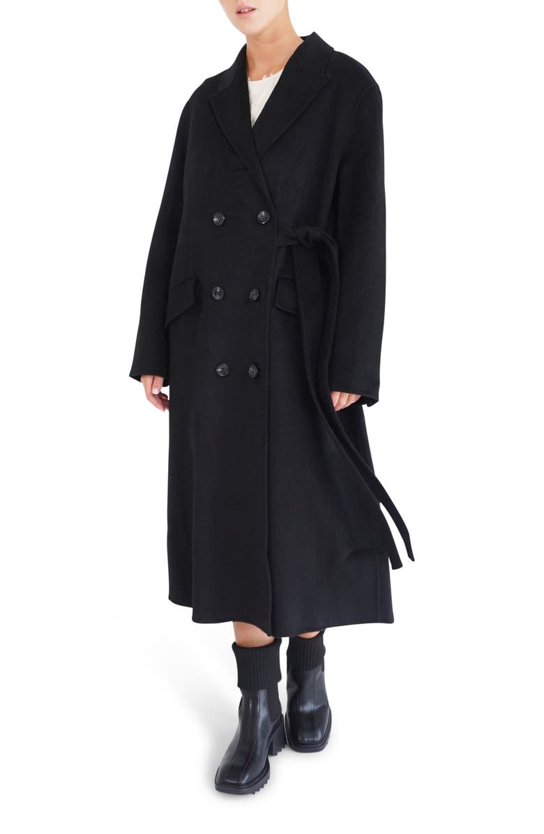 Belle & Bloom Right There Side Tie Wool Blend Coat, Alternate, color, Black
