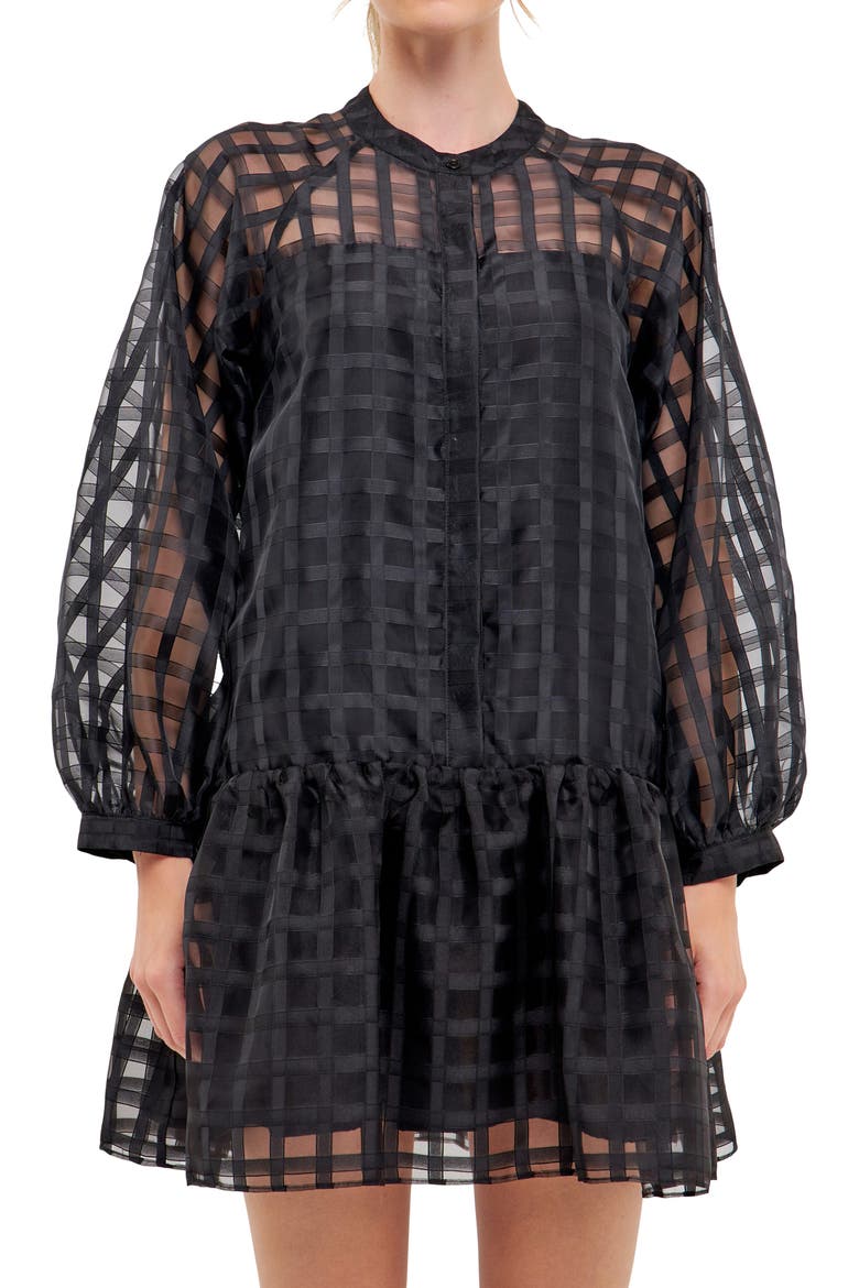 Check Long Sleeve Organza Dress, Alternate, color, BLACK