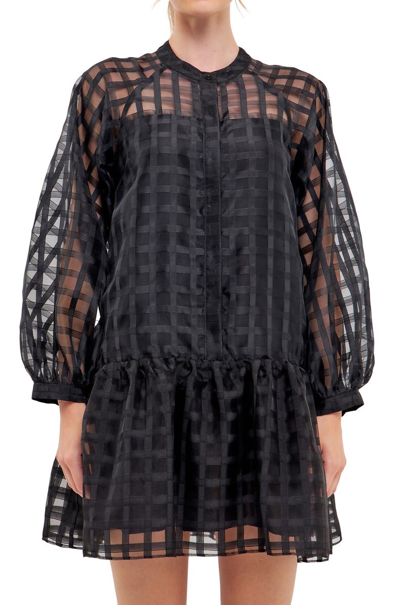English Factory Check Long Sleeve Organza Dress, Alternate, color, Black