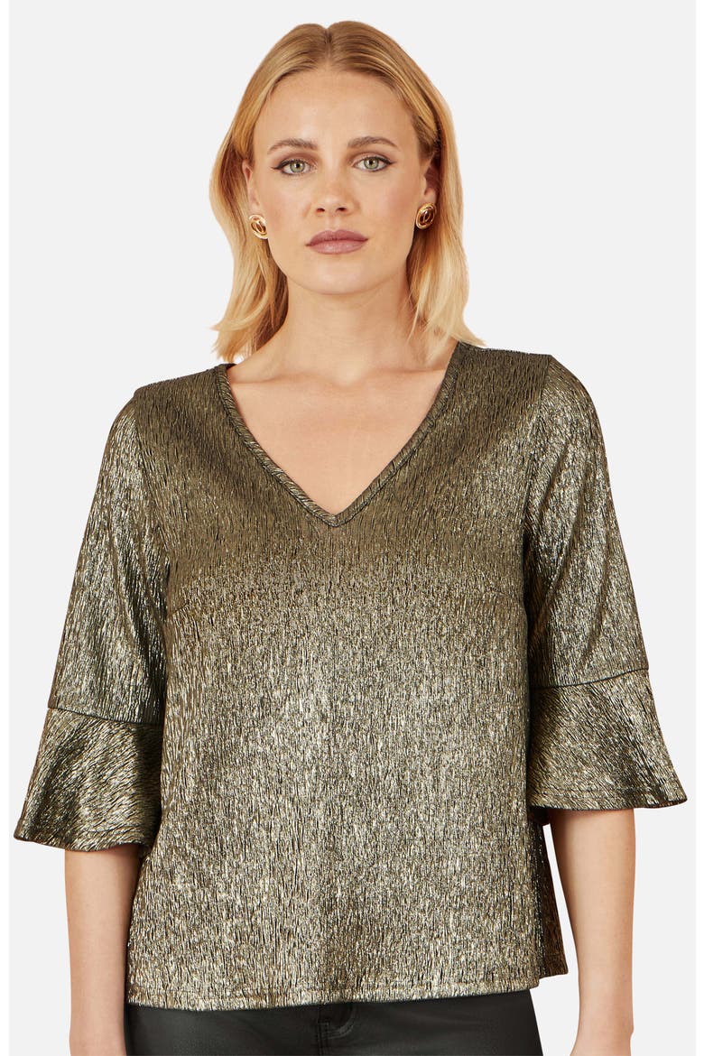 Fluted Sleeve Metallic Stretch Top, Alternate, color, Gold