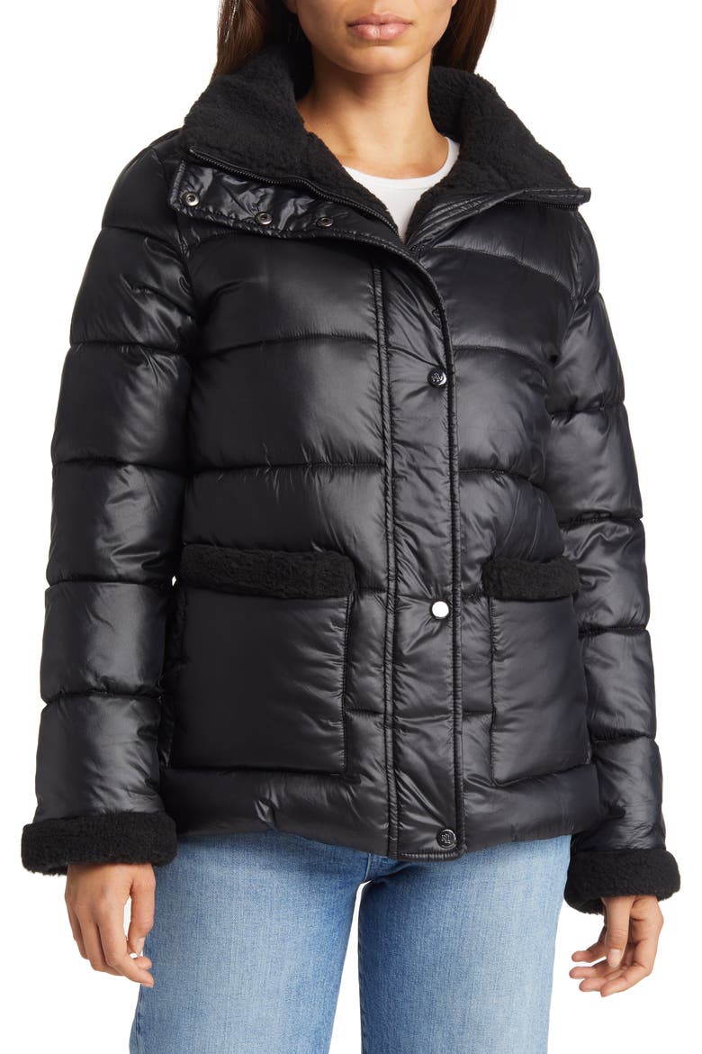 Puffer Coat with Faux Shearling Trim, Alternate, color, BLACK