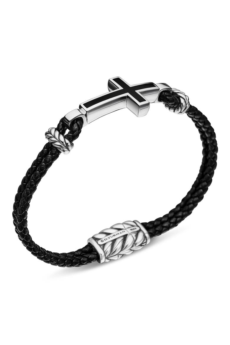 Men's Stone Cross Bracelet in Black Leather with Sterling Silver & Black Onyx, 3mm, Alternate, color, SILVER