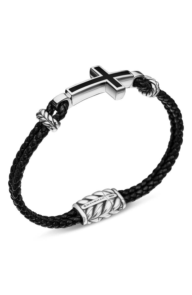 David Yurman Men's Stone Cross Bracelet in Black Leather with Sterling Silver & Black Onyx, 3mm, Alternate, color,