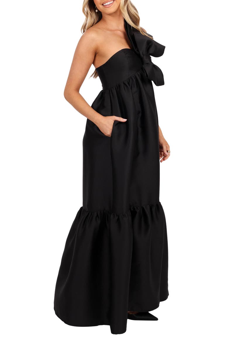 Betina Bow One-Shoulder Gown, Alternate, color, BLACK