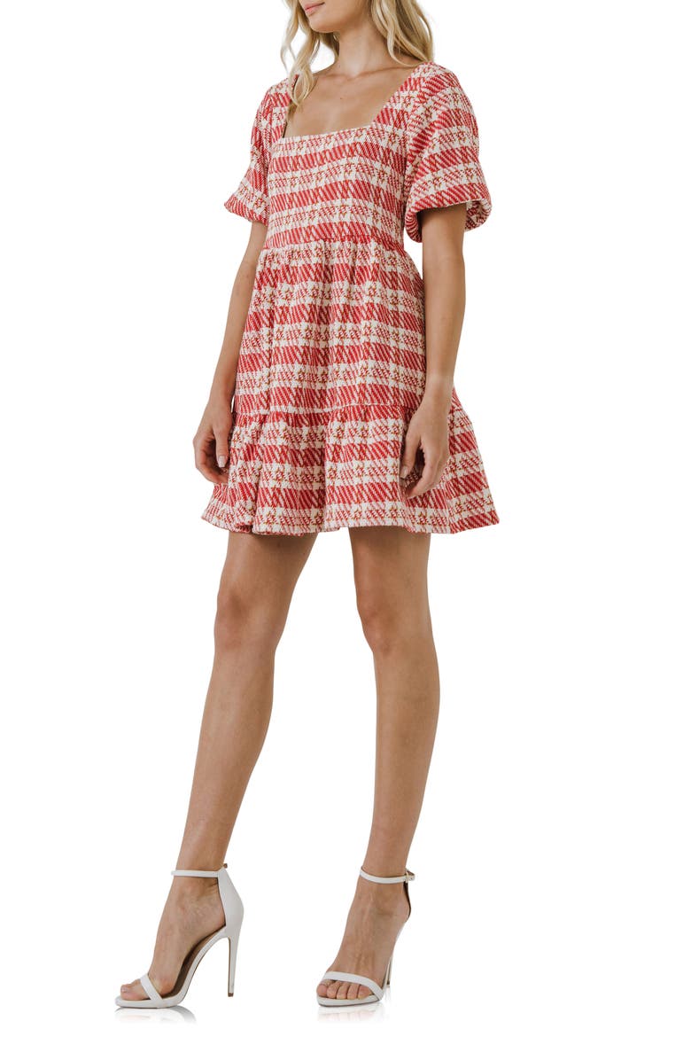 Tweed Babydoll Minidress, Alternate, color, RED MULTI
