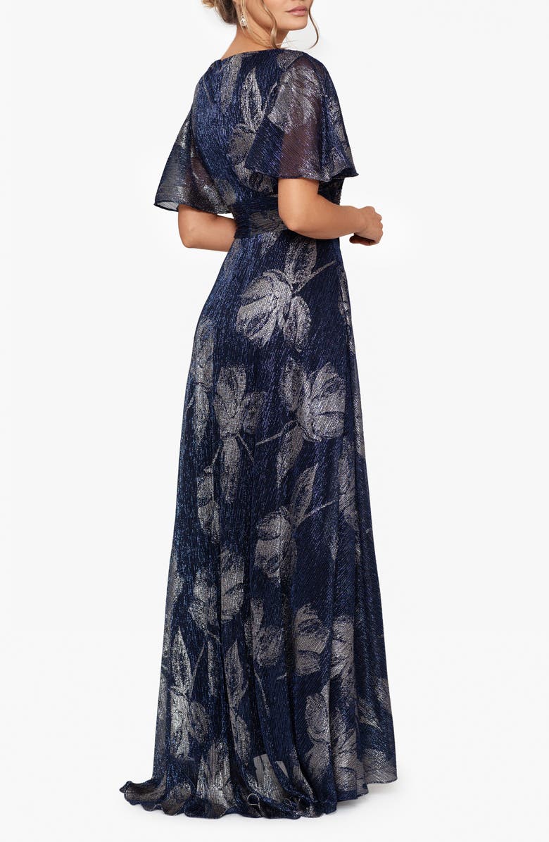 Betsy & Adam Foil Print Flutter Sleeve Gown, Alternate, color, 