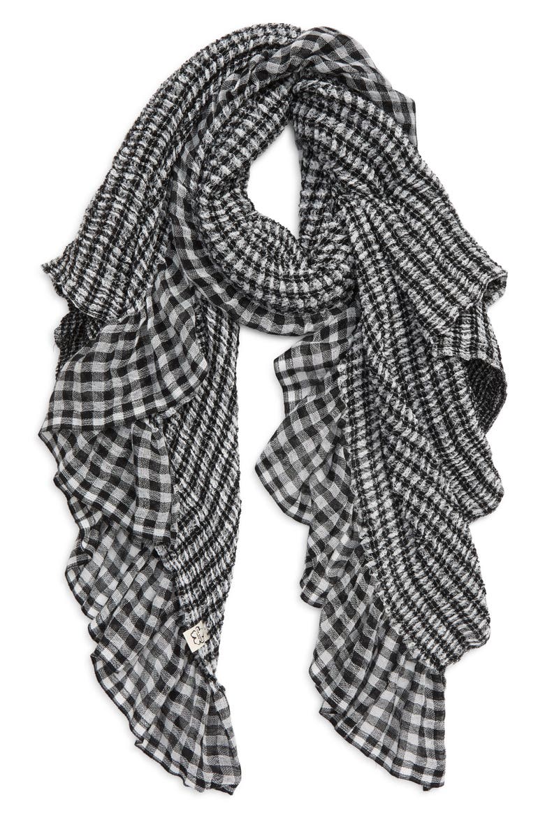 Penny Gingham Frill Scarf, Main, color, BLACK
