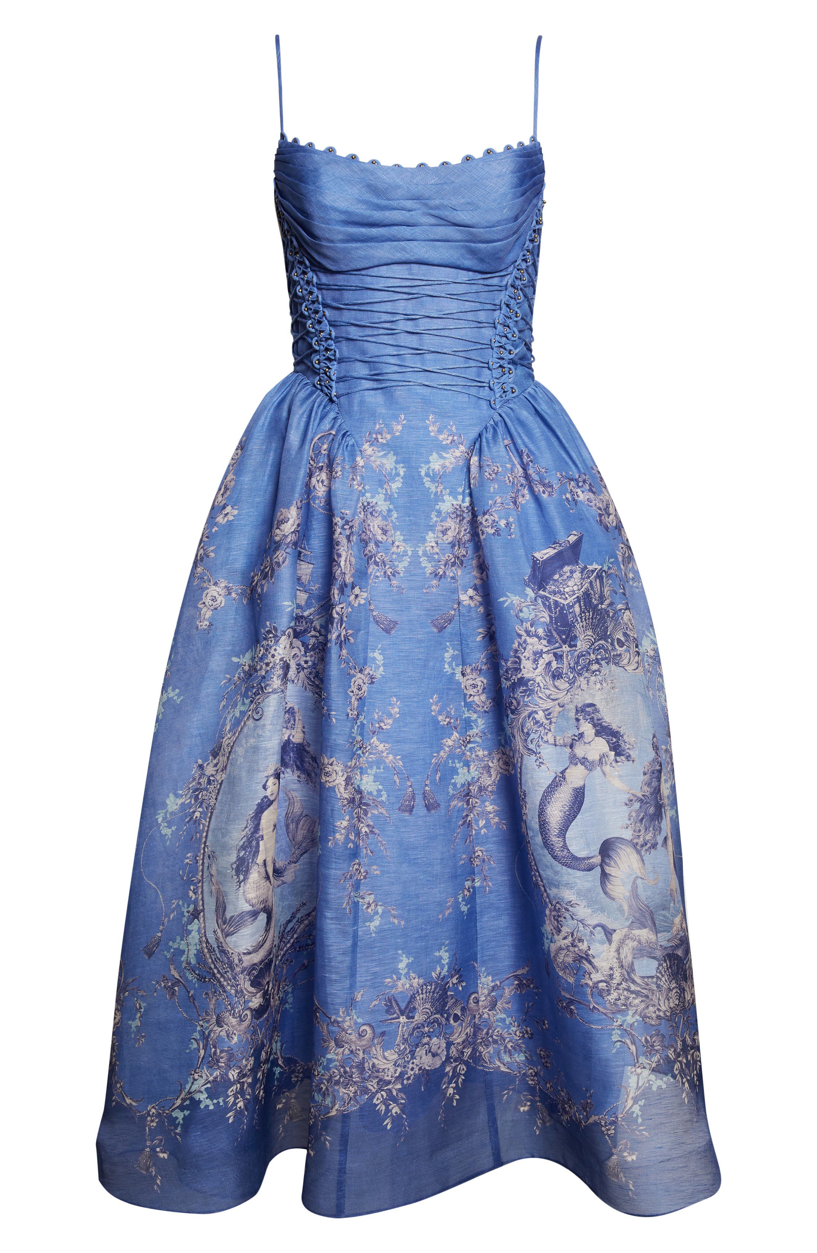 Zimmermann Rebellion Lace-up Embellished Pleated Gathered Printed Linen And Silk-blend Midi Dress In Blue