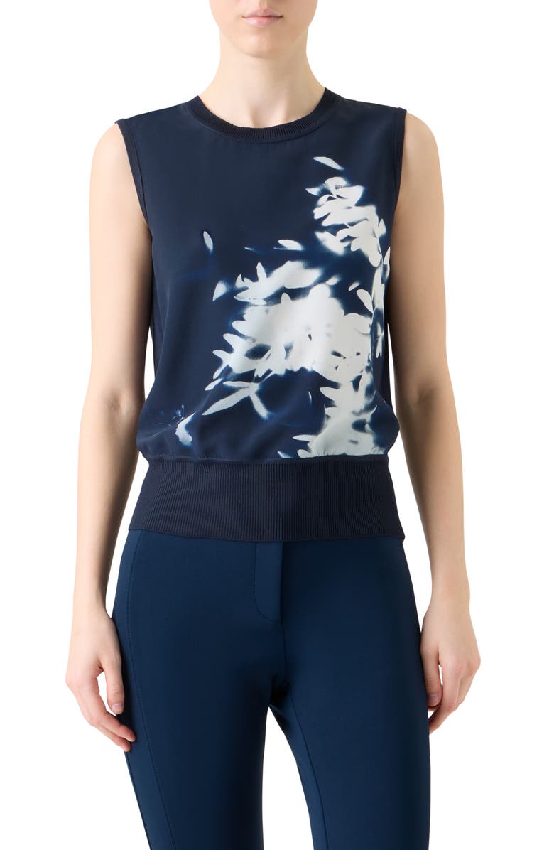 Akris Wildflower Print Sleeveless Silk Sweater, Main, color, Navy-Ecru