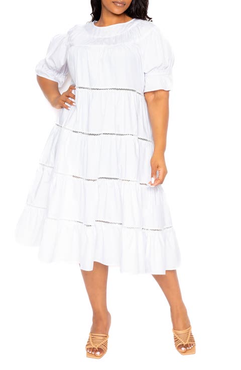 Tiered Cotton Blend Poplin Dress (Plus Size)