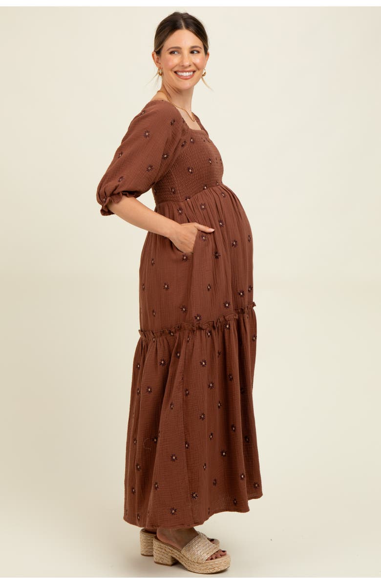 PinkBlush Floral Smocked Puff Sleeve Maxi Dress, Alternate, color, Brown