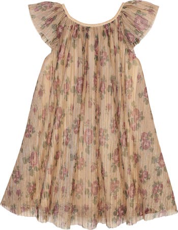 Kids' Floral Metallic Flutter Sleeve Dress