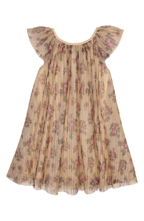 Zunie Kids' Floral Metallic Flutter Sleeve Dress In Neutral