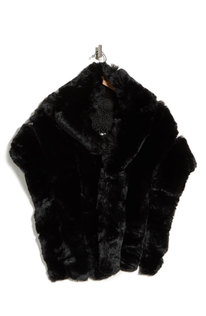 La Fiorentina Lace Trim Faux Fur Cape, Alternate, color, Black
