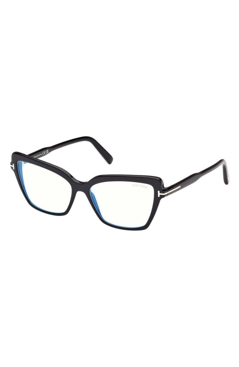 TOM FORD 55mm Cat Eye Blue Light Blocking Optical Glasses, Alternate, color, Black Eco / T Logo