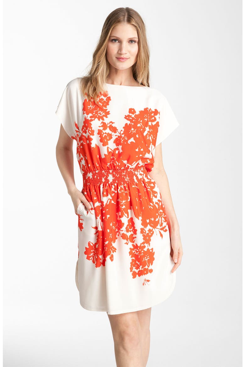 Floral Print Crêpe de Chine Dress, Main, color, RED/ WHITE