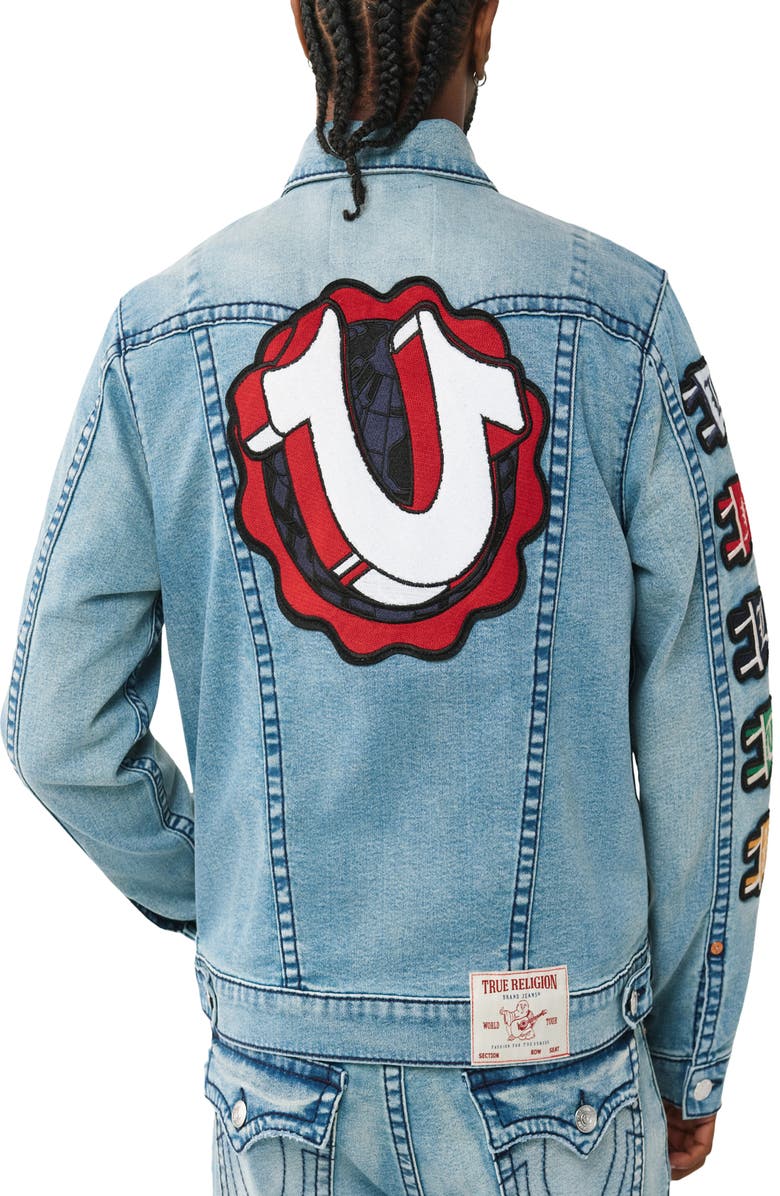 True Religion Jimmy Varsity Patch Denim Trucker Jacket, Alternate, color, Shattered Medium Indigo